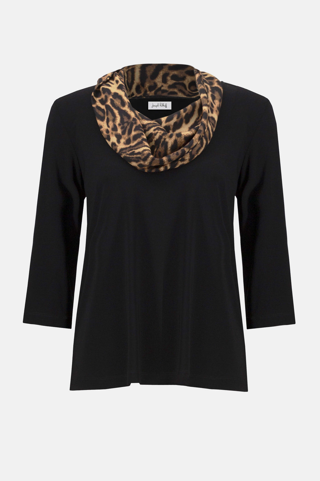 Silky Knit Fitted Top With Satin Animal Print Collar