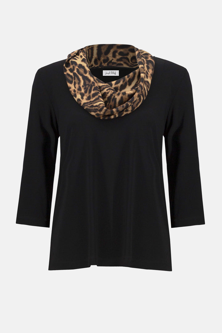 Silky Knit Fitted Top With Satin Animal Print Collar