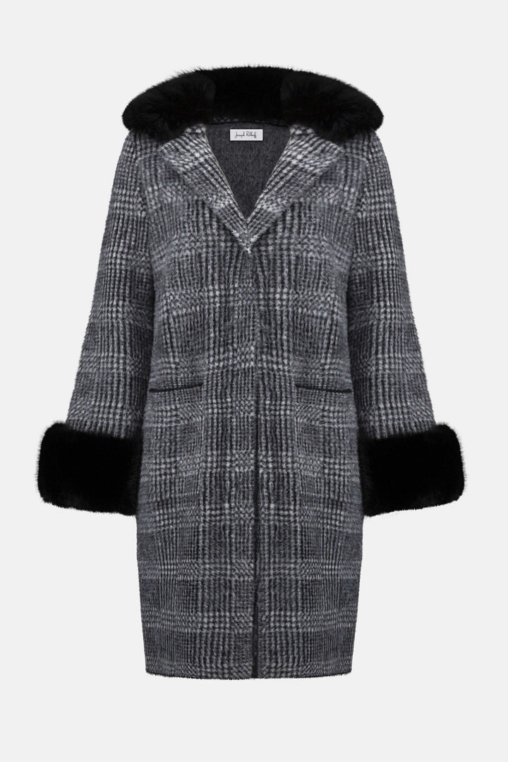 Feather Yarn Plaid Jacquard Coat with Faux Fur Trim