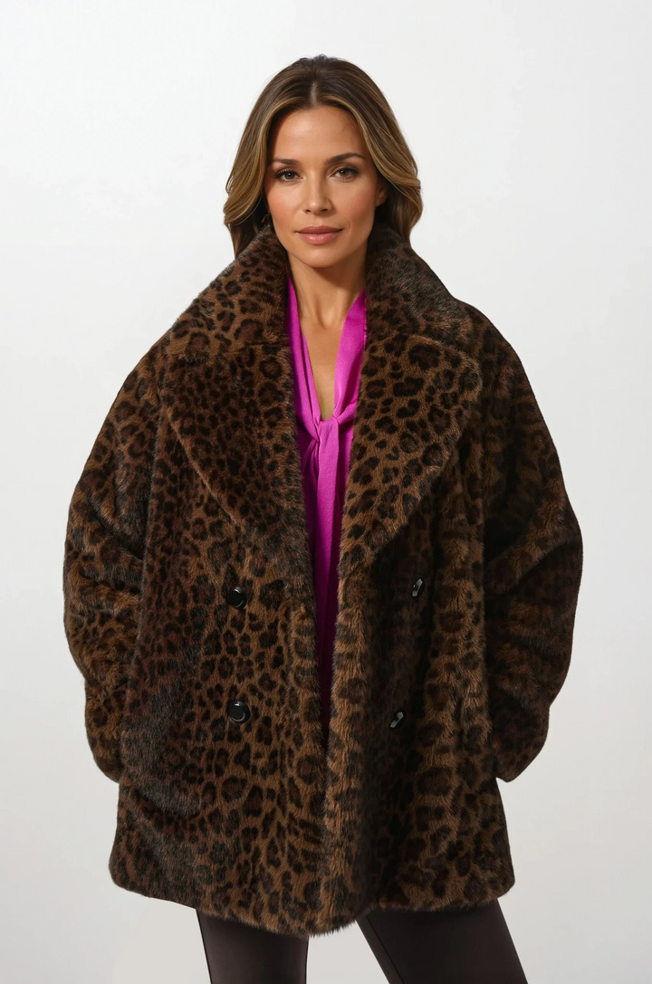 Faux Fur Leopard Print Double-Breasted Coat