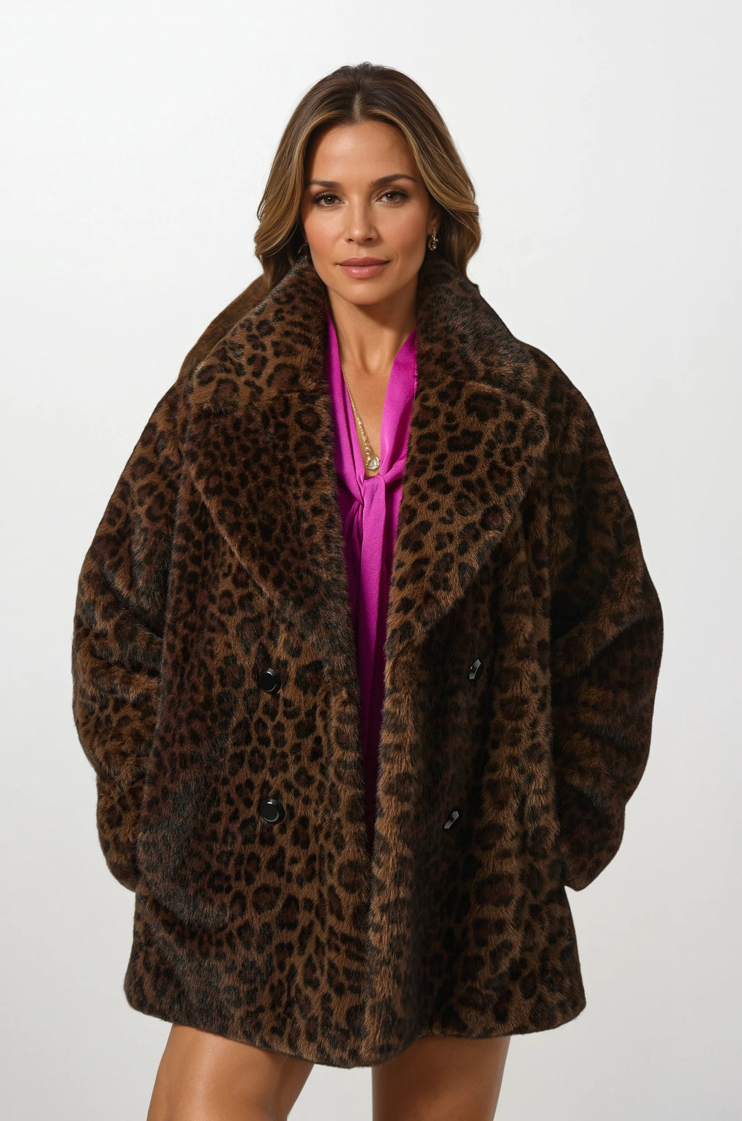 Faux Fur Leopard Print Double-Breasted Coat