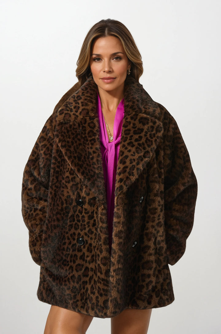 Faux Fur Leopard Print Double-Breasted Coat