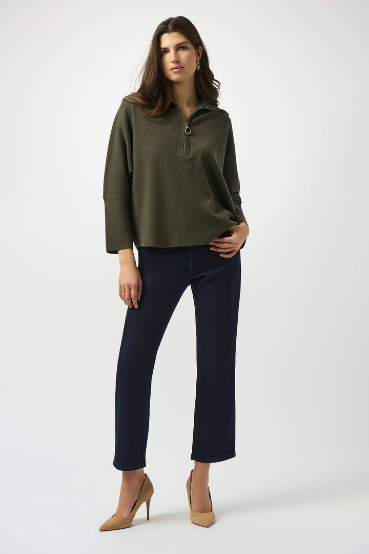 Sweater Knit Boxy Pullover With Zipped Collar Avocado