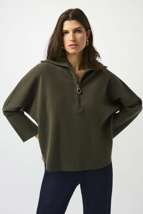 Sweater Knit Boxy Pullover With Zipped Collar Avocado