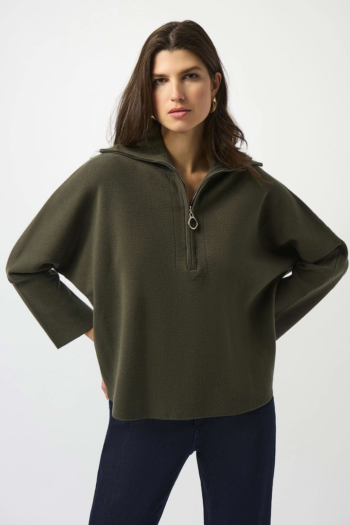 Sweater Knit Boxy Pullover With Zipped Collar Avocado