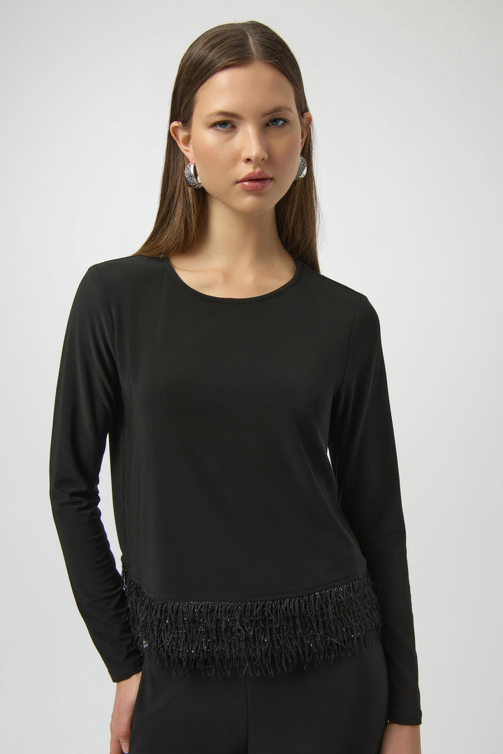 Silky Knit Top with Novelty Fringe Hem in Black