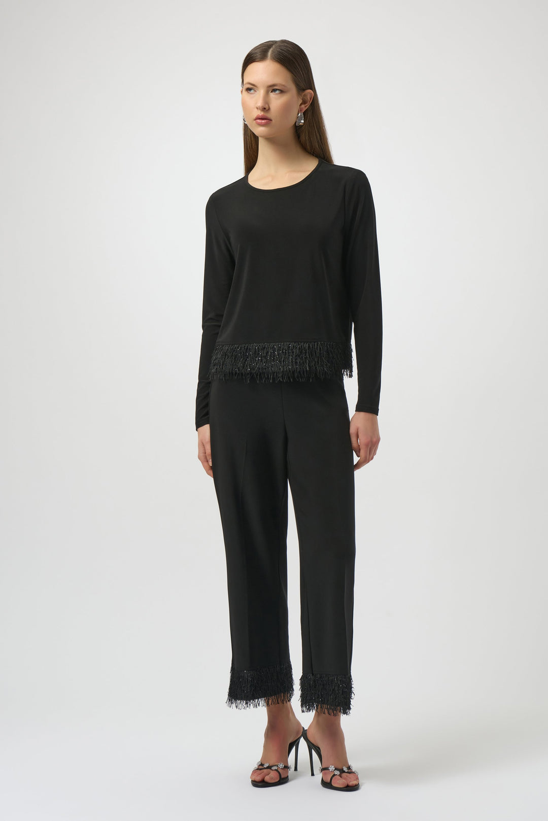 Silky Knit Top with Novelty Fringe Hem in Black