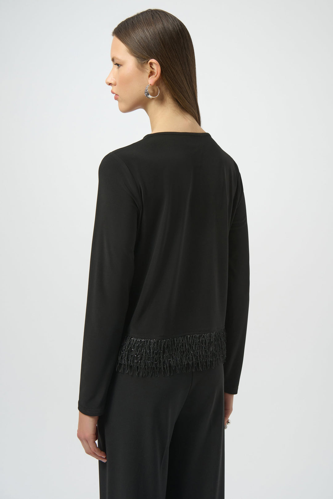 Silky Knit Top with Novelty Fringe Hem in Black