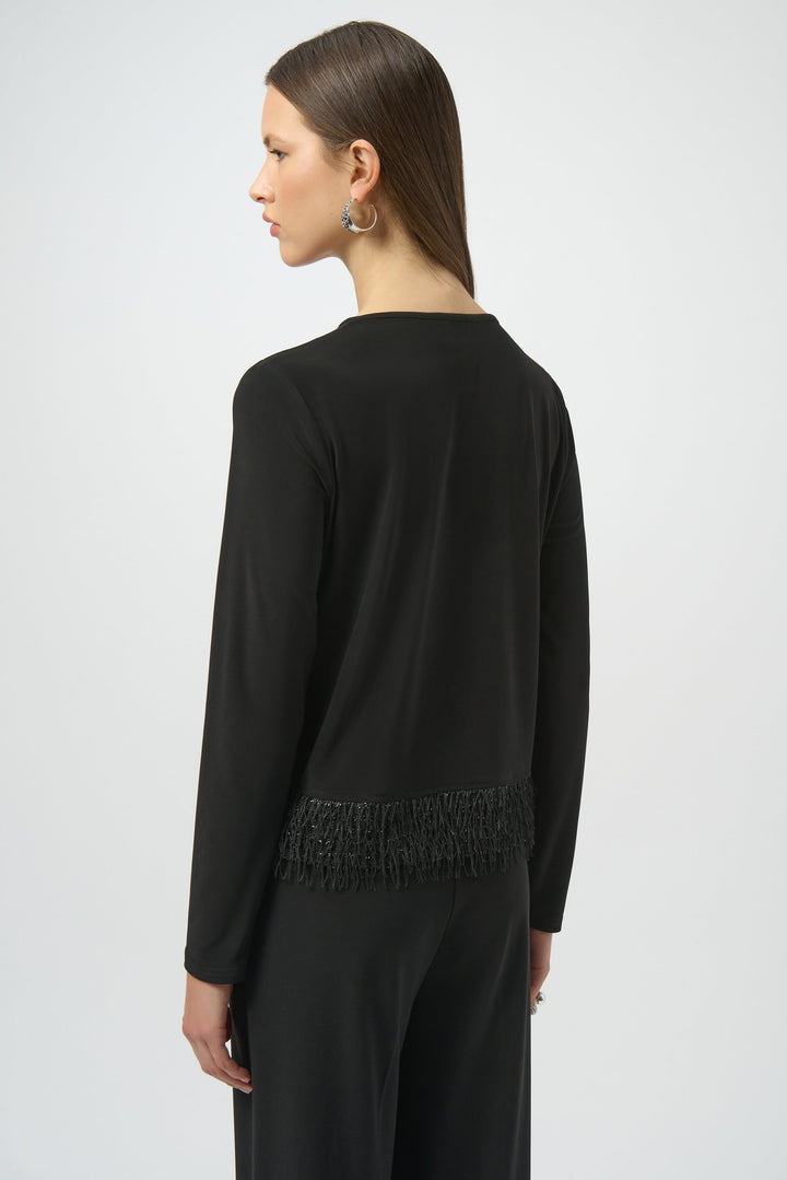 Silky Knit Top with Novelty Fringe Hem in Black