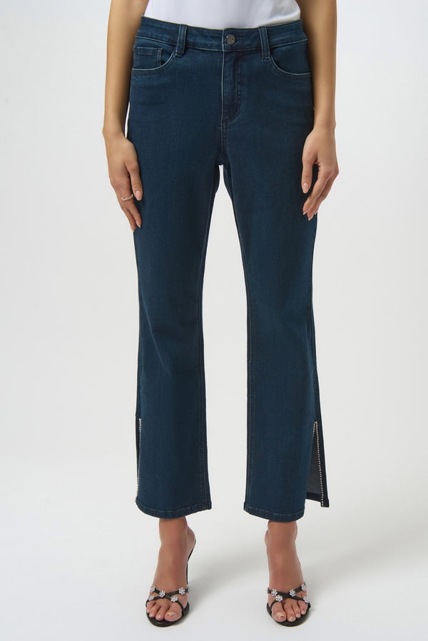 Classic Straight Leg Jeans with Rhinestone Hem Dark Blue