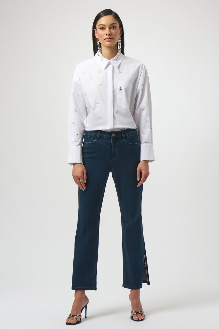 Classic Straight Leg Jeans with Rhinestone Hem Dark Blue