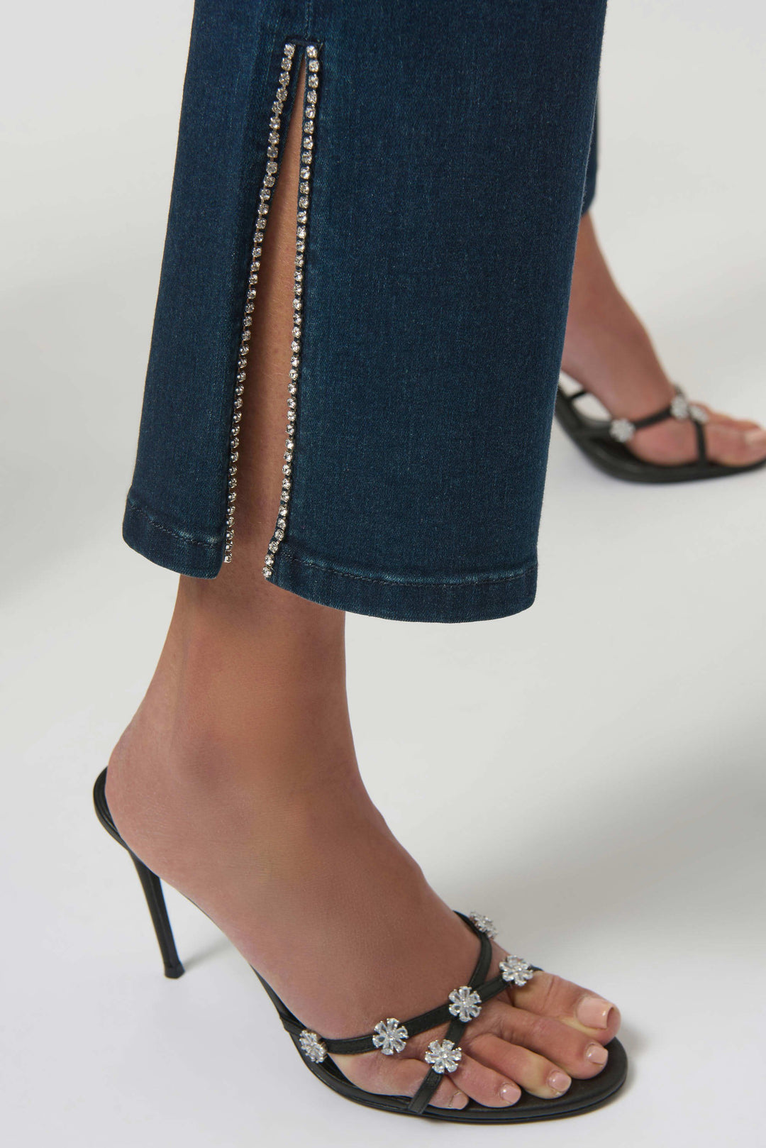 Classic Straight Leg Jeans with Rhinestone Hem Dark Blue