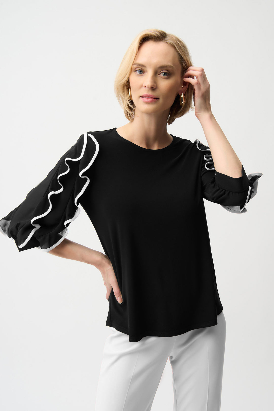 Silky Knit Top with Chiffon Ruffled Sleeves in Black