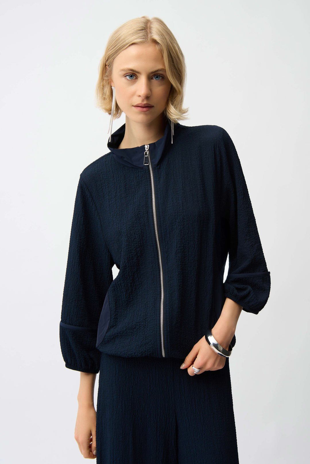 Seersucker & Memory Bomber Jacket in Navy