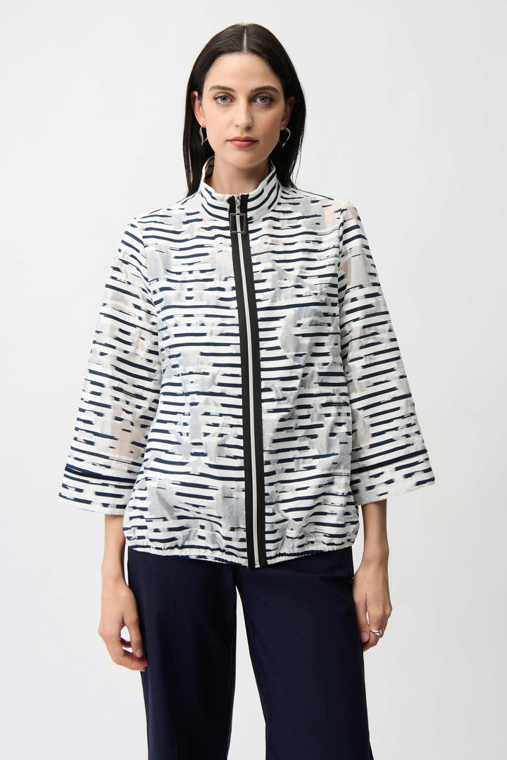 Jacquard Organza Stripe Bomber Jacket in White and Navy