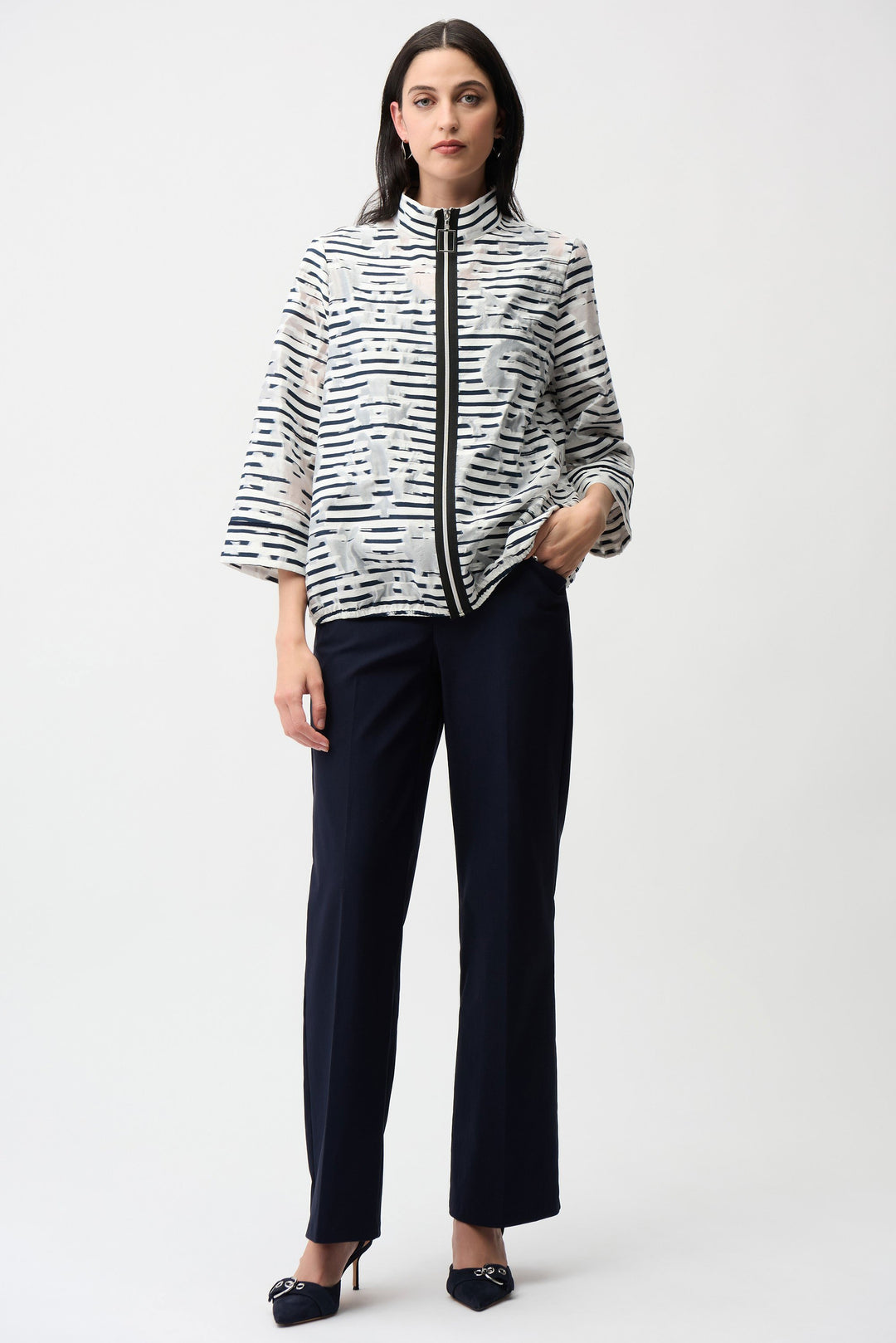 Jacquard Organza Stripe Bomber Jacket in White and Navy