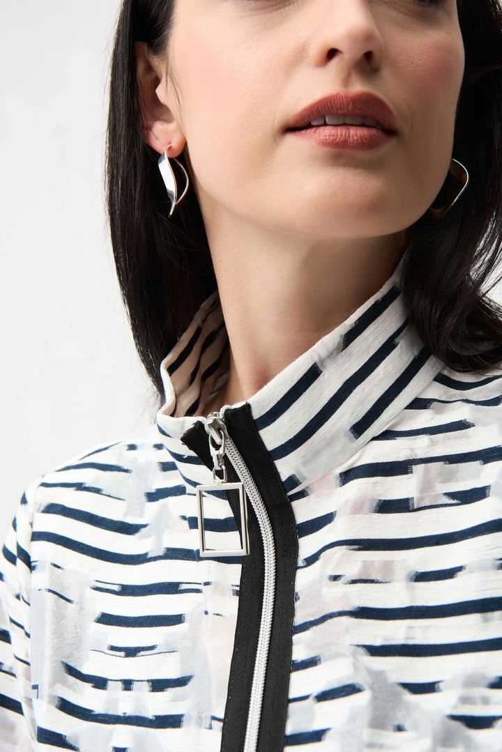 Jacquard Organza Stripe Bomber Jacket in White and Navy