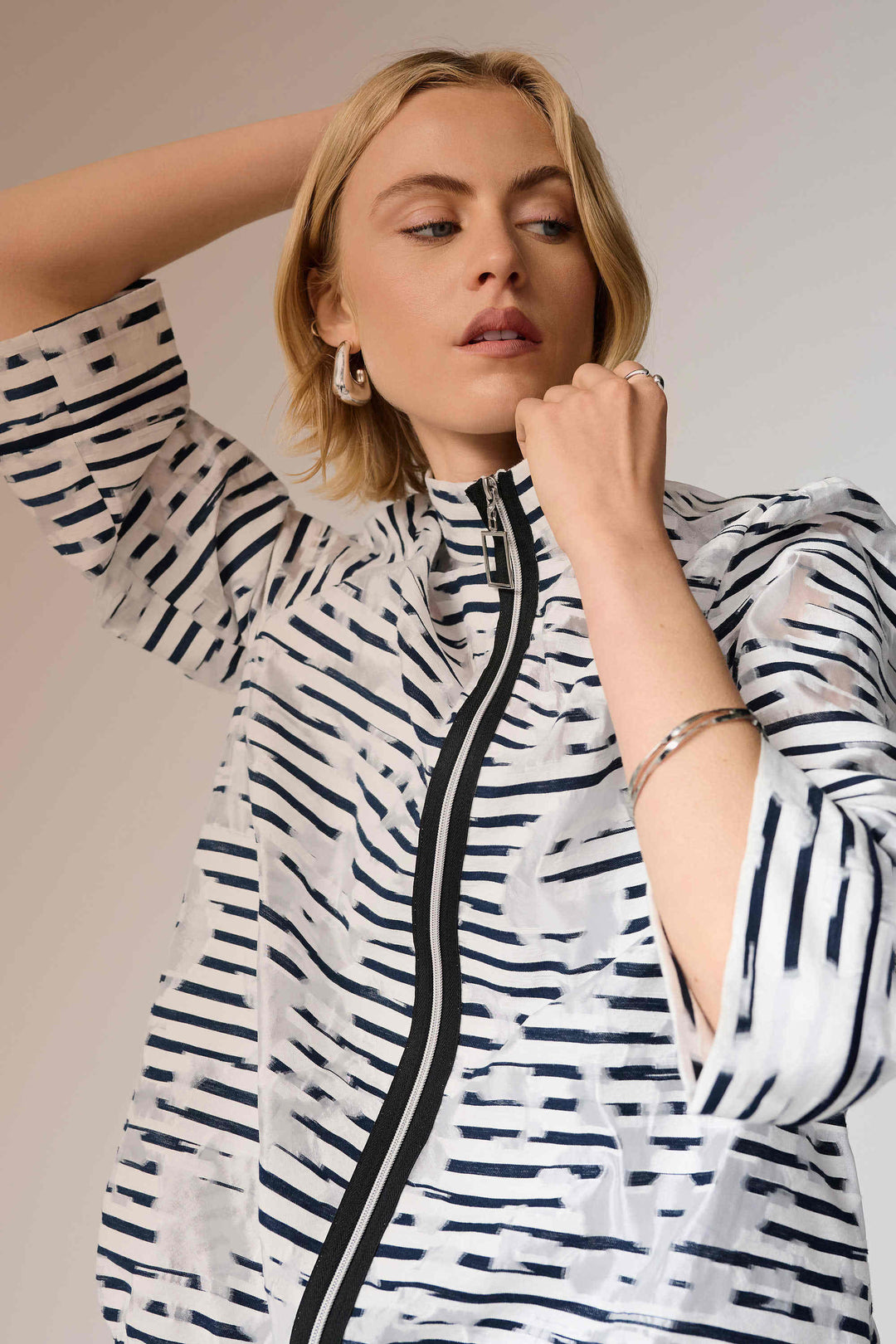 Jacquard Organza Stripe Bomber Jacket in White and Navy