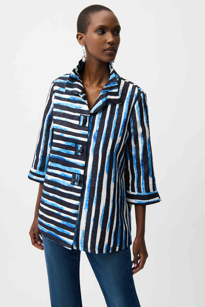 Jacquard Stripe Print Trapeze Jacket With Shirred Collar