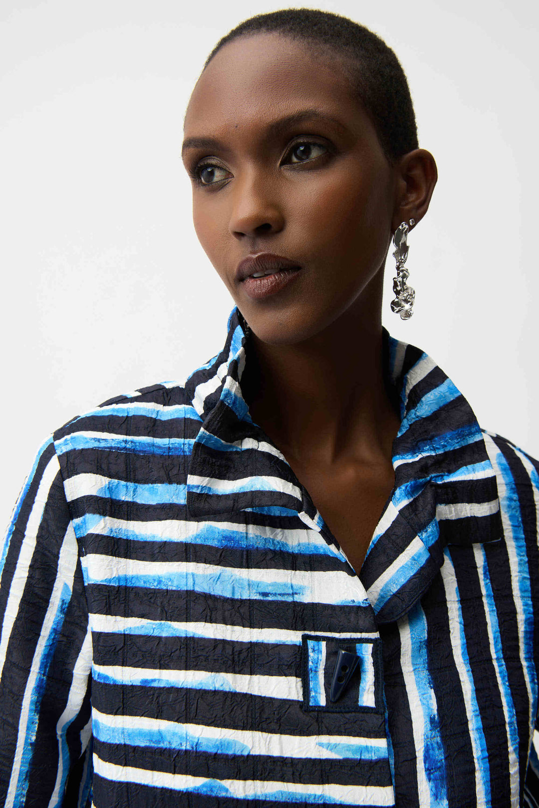Jacquard Stripe Print Trapeze Jacket With Shirred Collar