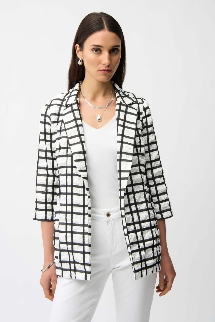Jacquard Plaid Print Boxy Blazer With Notched Collar in Black & White