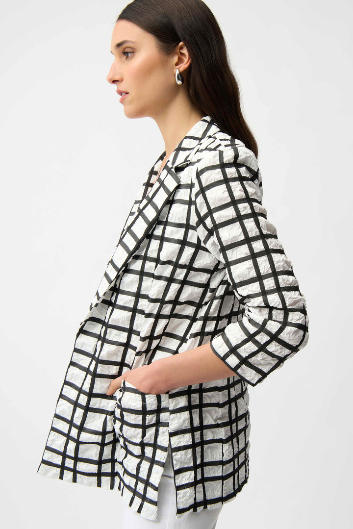 Jacquard Plaid Print Boxy Blazer With Notched Collar in Black & White