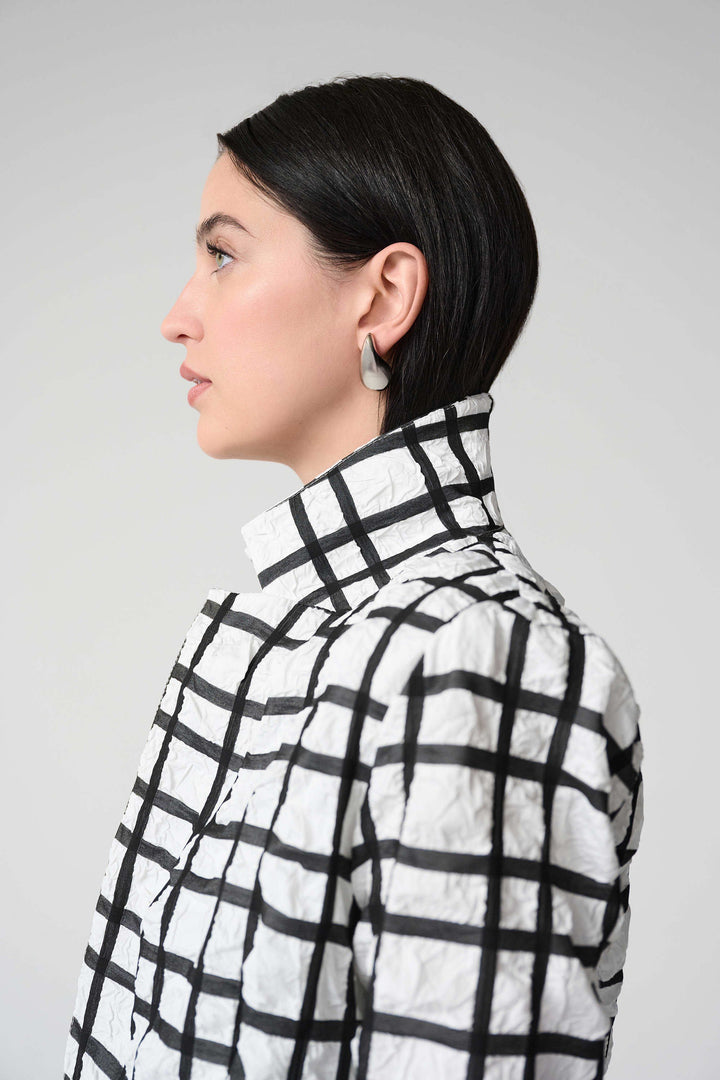 Jacquard Plaid Print Boxy Blazer With Notched Collar in Black & White