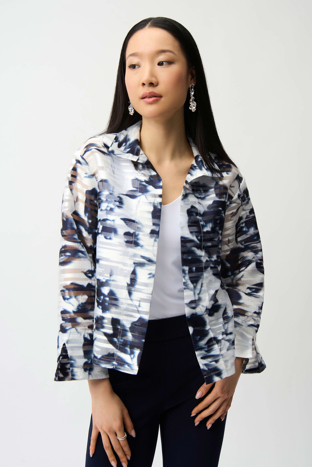 Jacquard Organza Floral Print Trapeze Jacket With Stand Collar in Navy