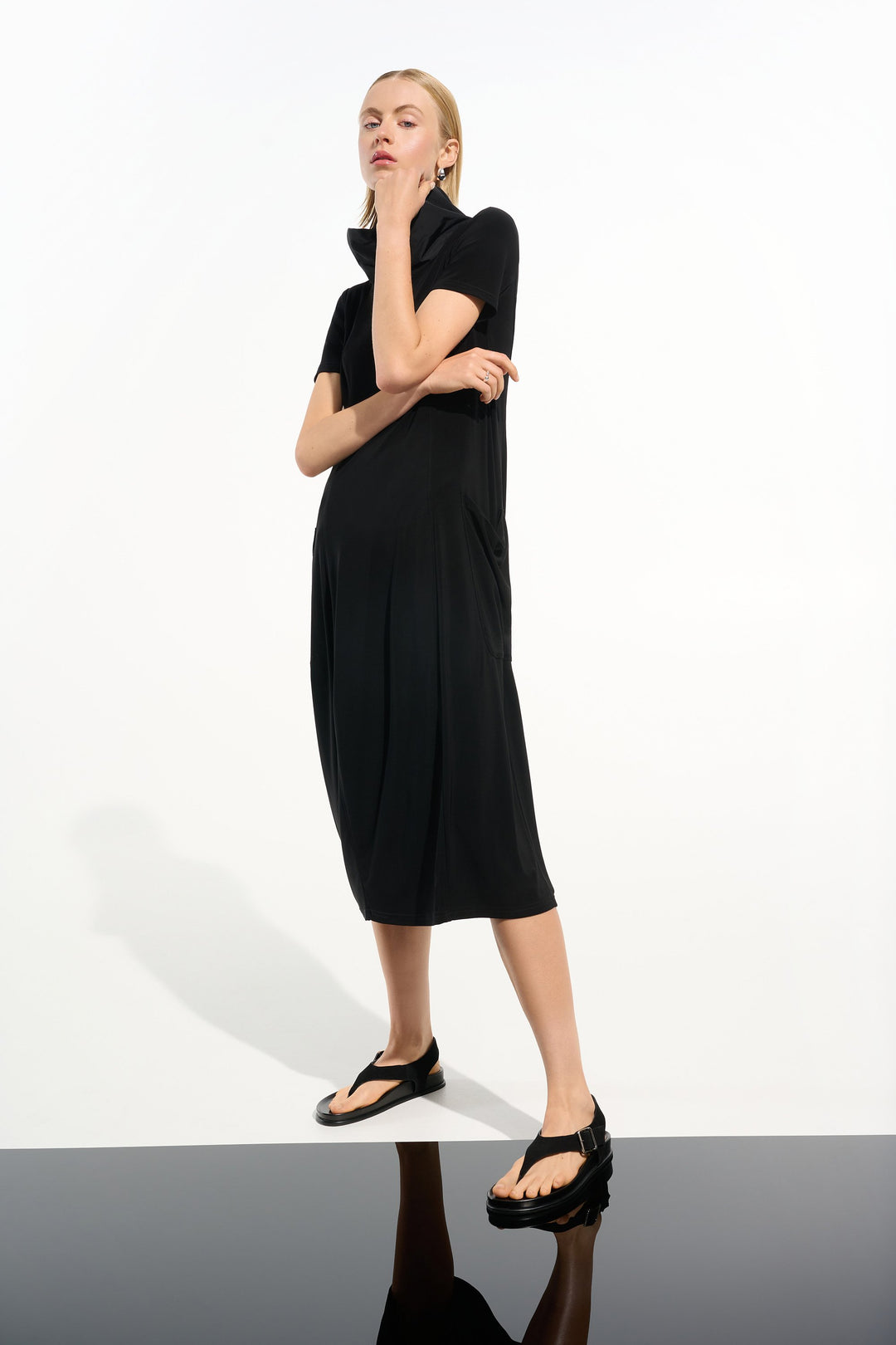 Silky Knit Cocoon Dress With Memory Funnel Collar in Black