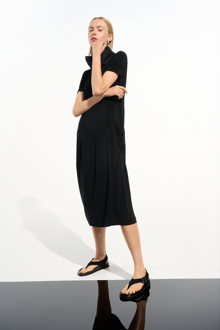 Silky Knit Cocoon Dress With Memory Funnel Collar in Black