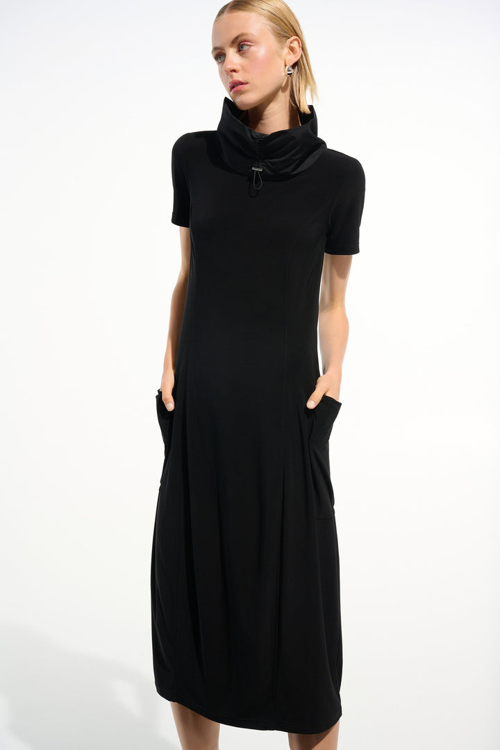 Silky Knit Cocoon Dress With Memory Funnel Collar in Black