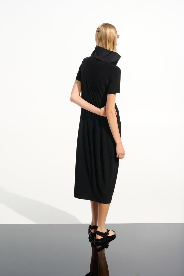 Silky Knit Cocoon Dress With Memory Funnel Collar in Black