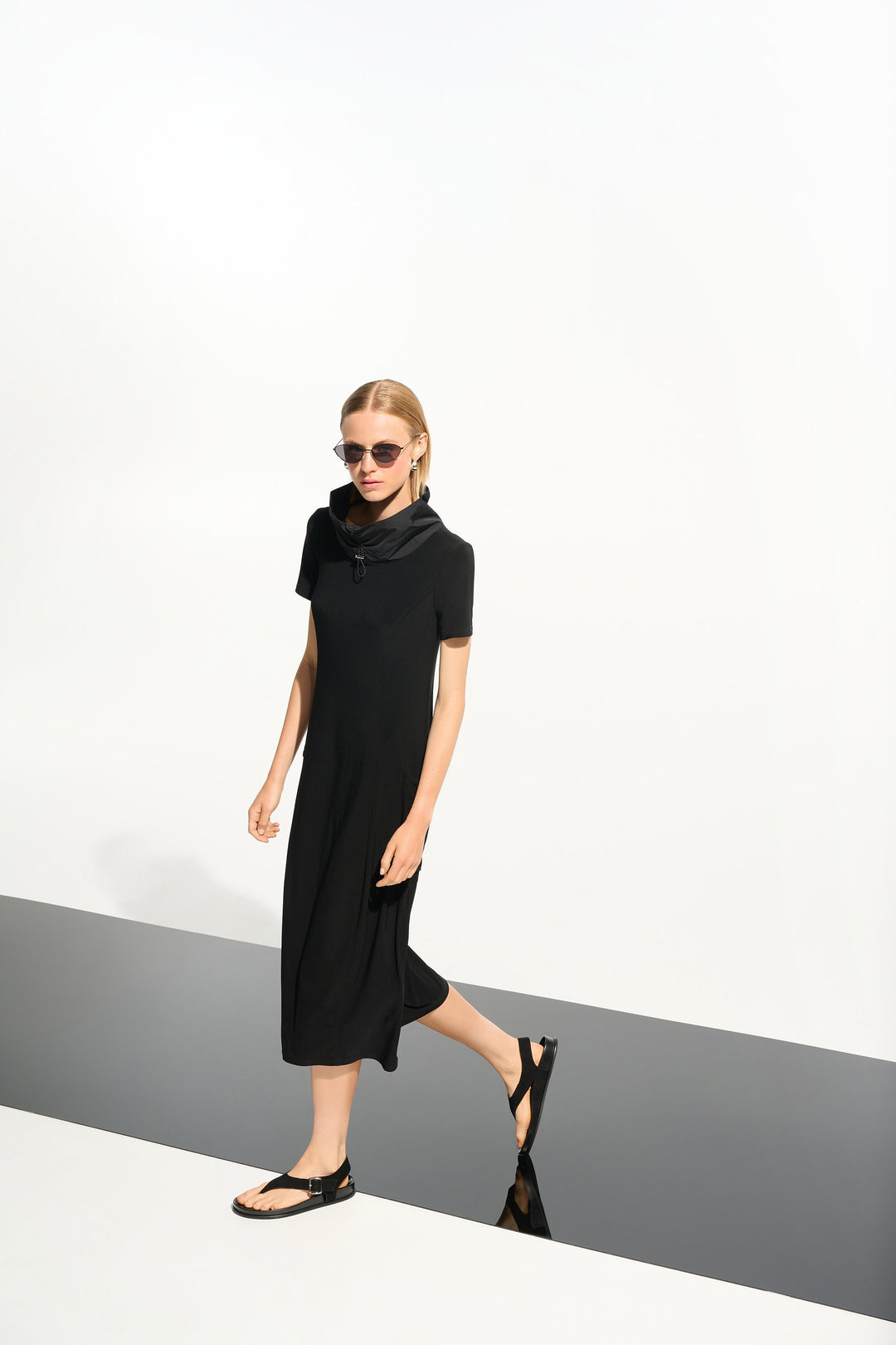 Silky Knit Cocoon Dress With Memory Funnel Collar in Black