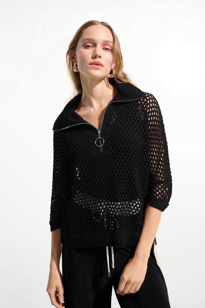 Viscose Blend Boxy Sweater Knit With Zipped Neckline in Black