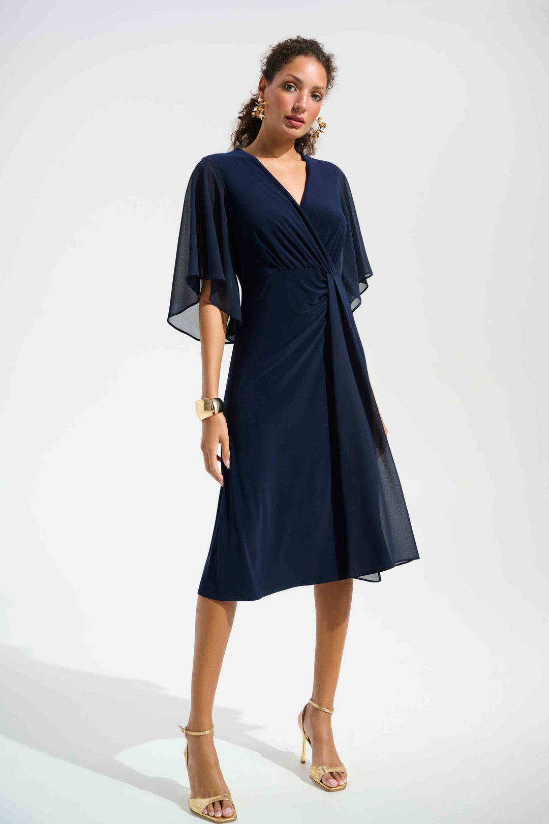 Silky Knit Fit and Flare Dress With Chiffon Draped Sash in Navy