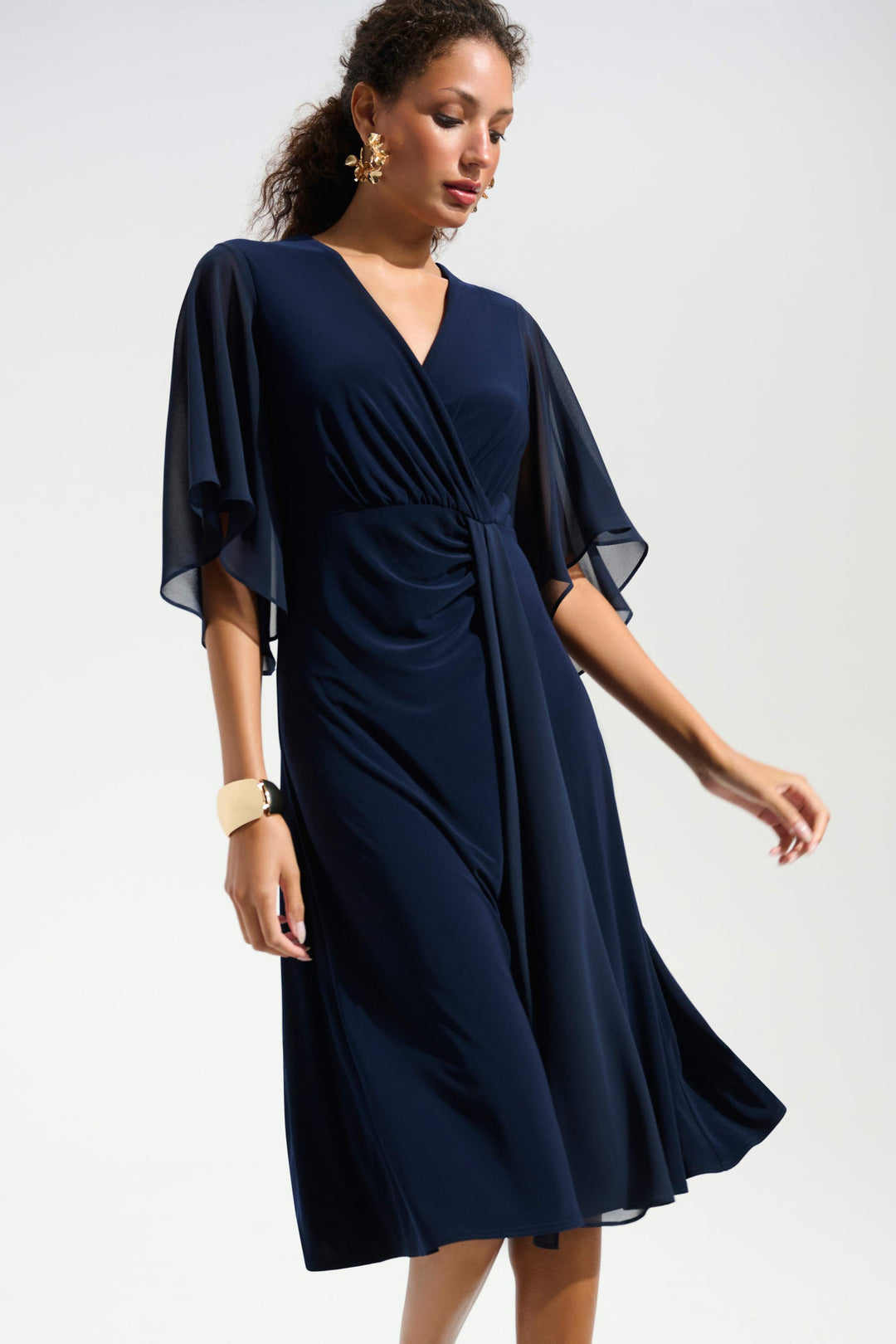 Silky Knit Fit and Flare Dress With Chiffon Draped Sash in Navy