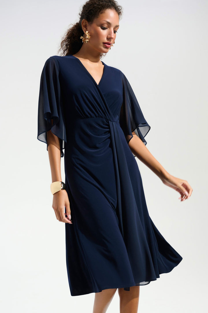 Silky Knit Fit and Flare Dress With Chiffon Draped Sash in Navy
