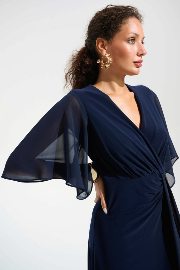 Silky Knit Fit and Flare Dress With Chiffon Draped Sash in Navy