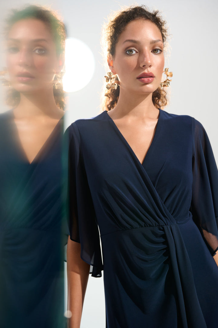 Silky Knit Fit and Flare Dress With Chiffon Draped Sash in Navy