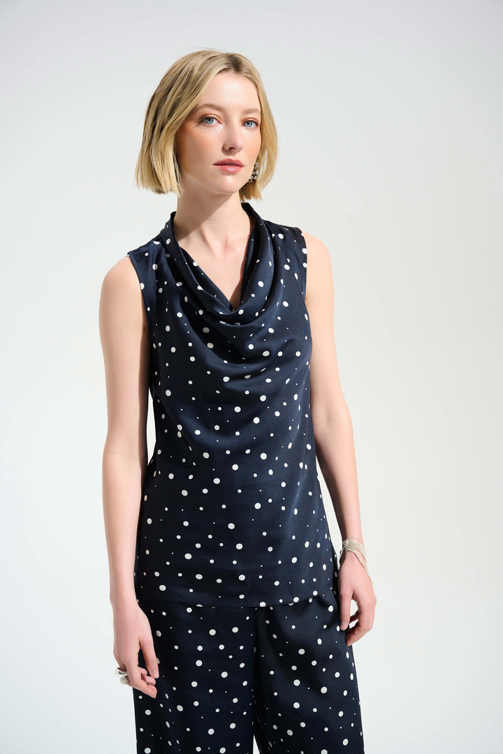 Recycled Satin Dot Print Sleeveless Cowl Neck Top in Navy