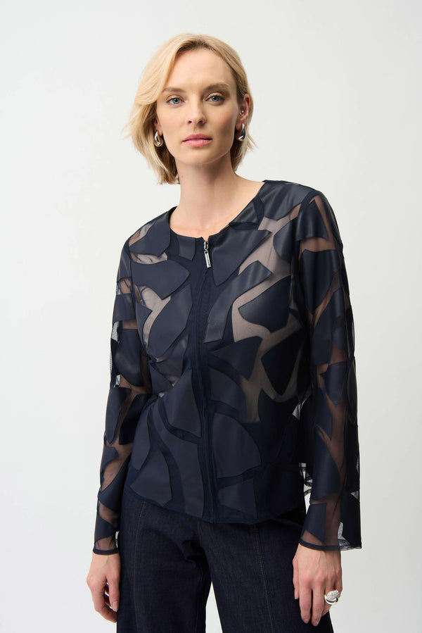 Laser Cut Leatherette Giraffe Print Fitted Jacket in Navy