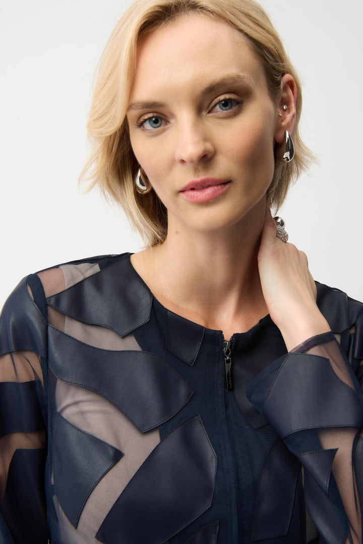 Laser Cut Leatherette Giraffe Print Fitted Jacket in Navy