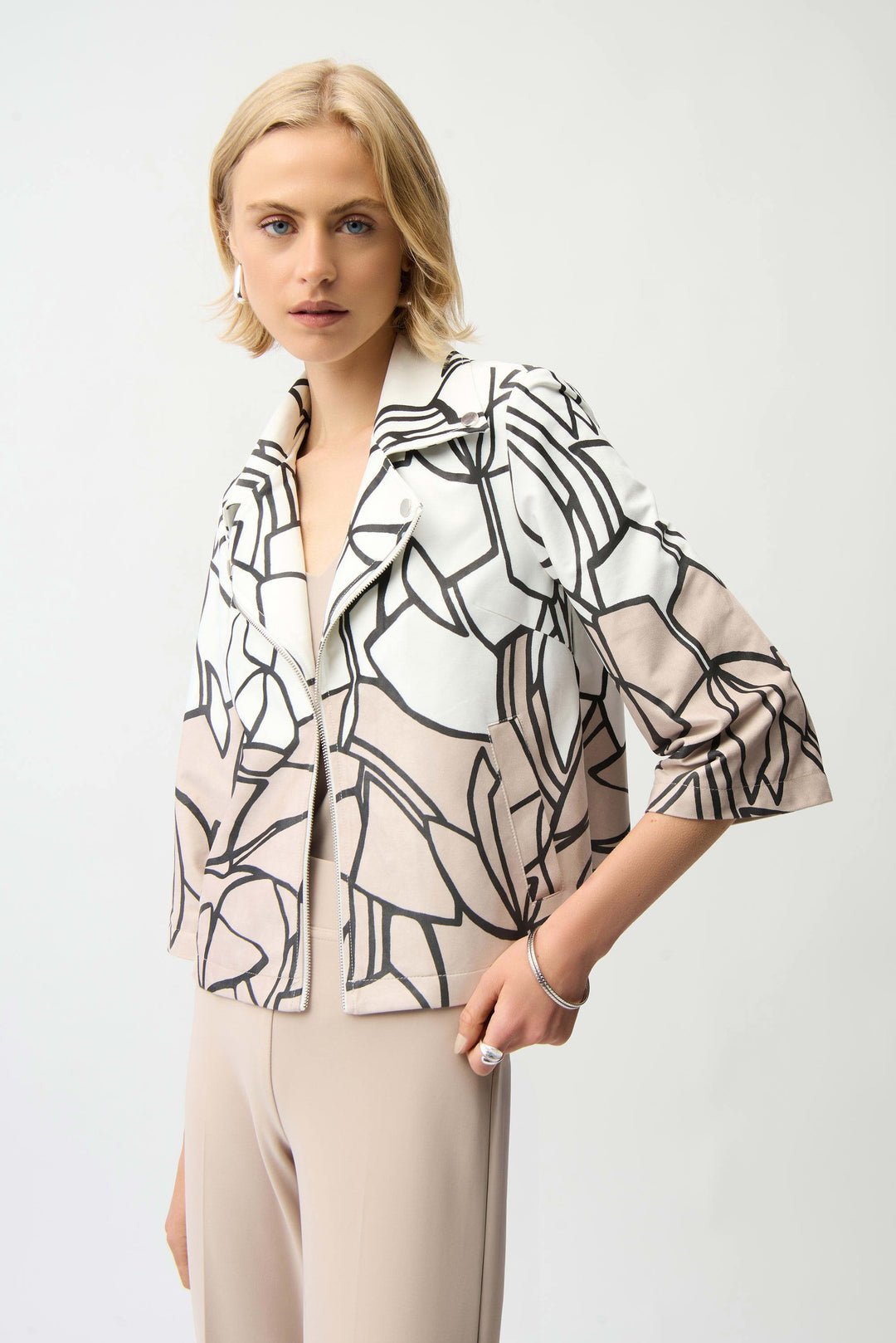 Faux Suede Abstract Print Swing Jacket in White