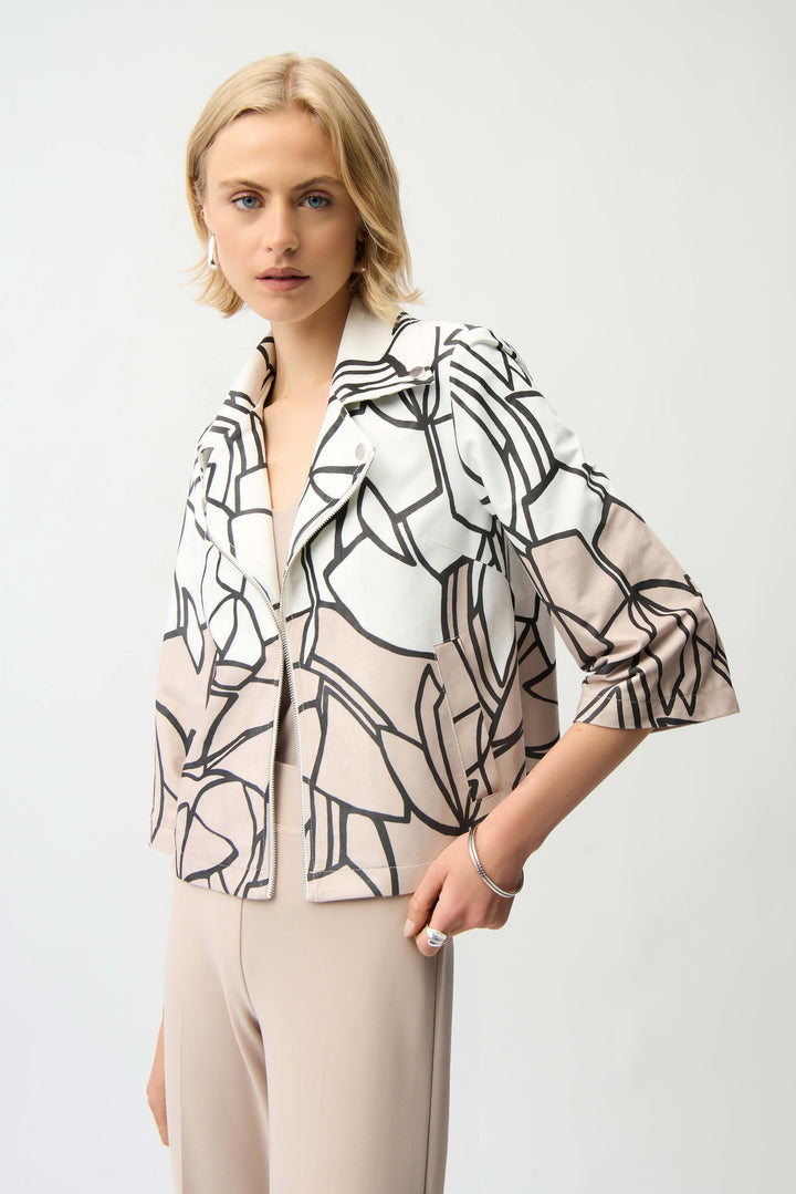 Faux Suede Abstract Print Swing Jacket in White