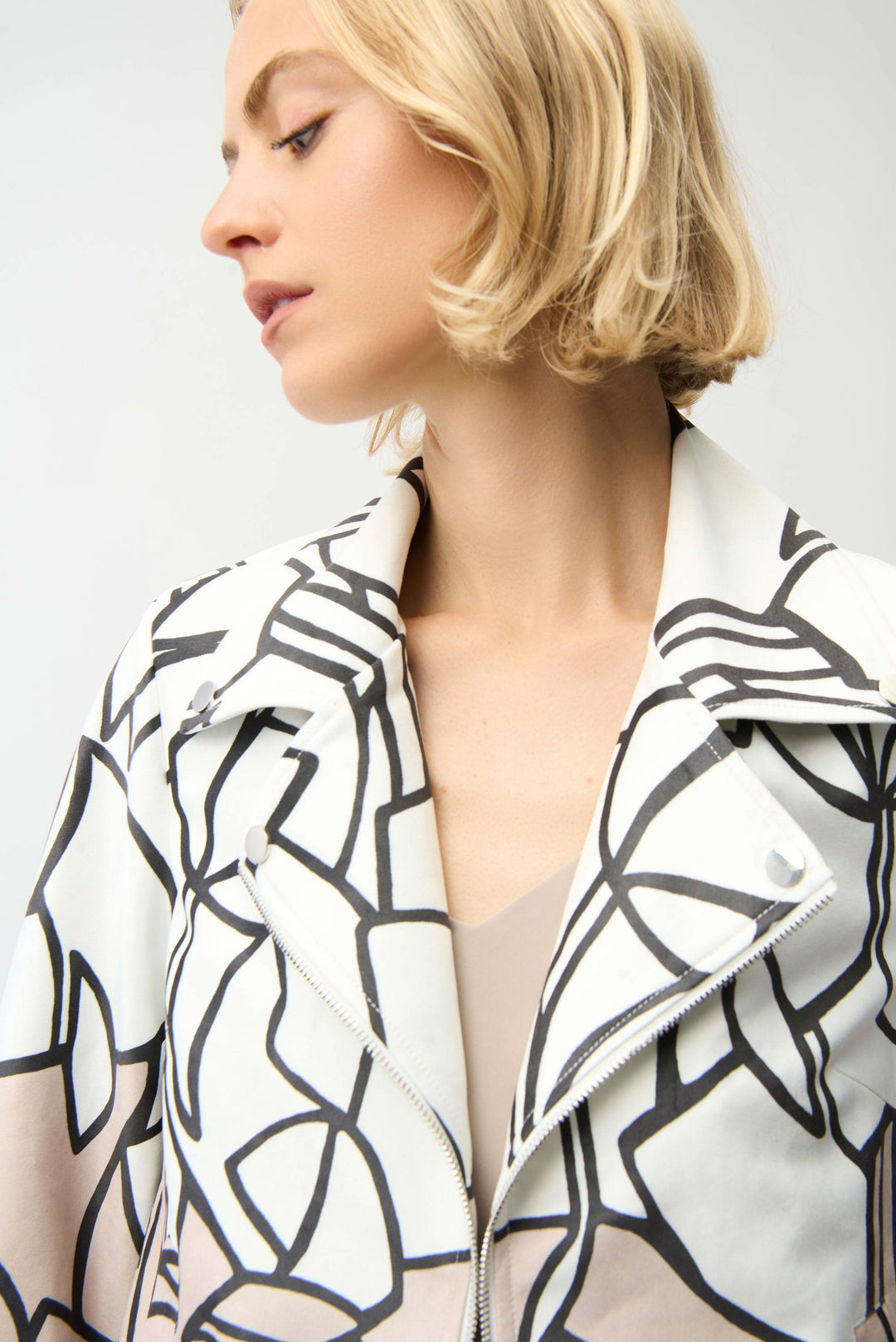 Faux Suede Abstract Print Swing Jacket in White