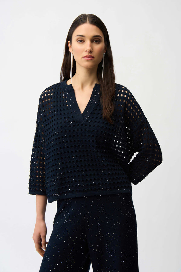 Cotton Blend Open Stitch Boxy Sweater in Navy