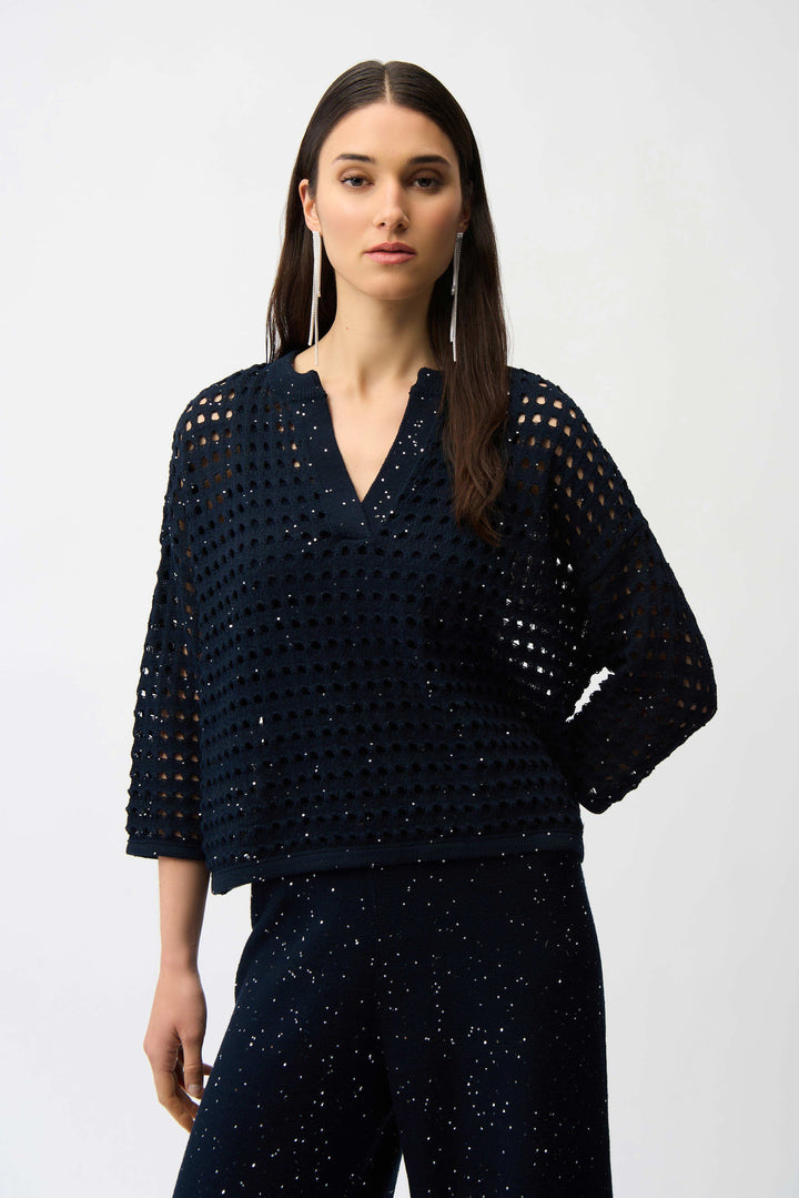 Cotton Blend Open Stitch Boxy Sweater in Navy