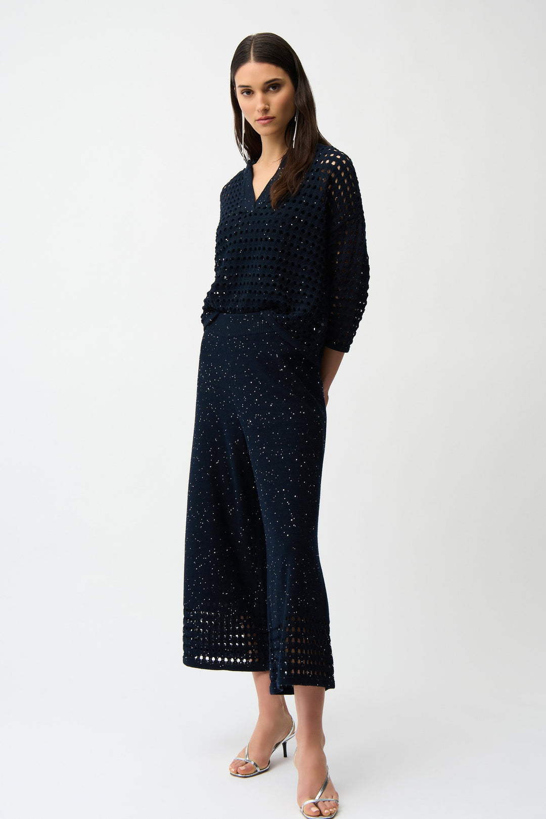 Cotton Blend Open Stitch Boxy Sweater in Navy