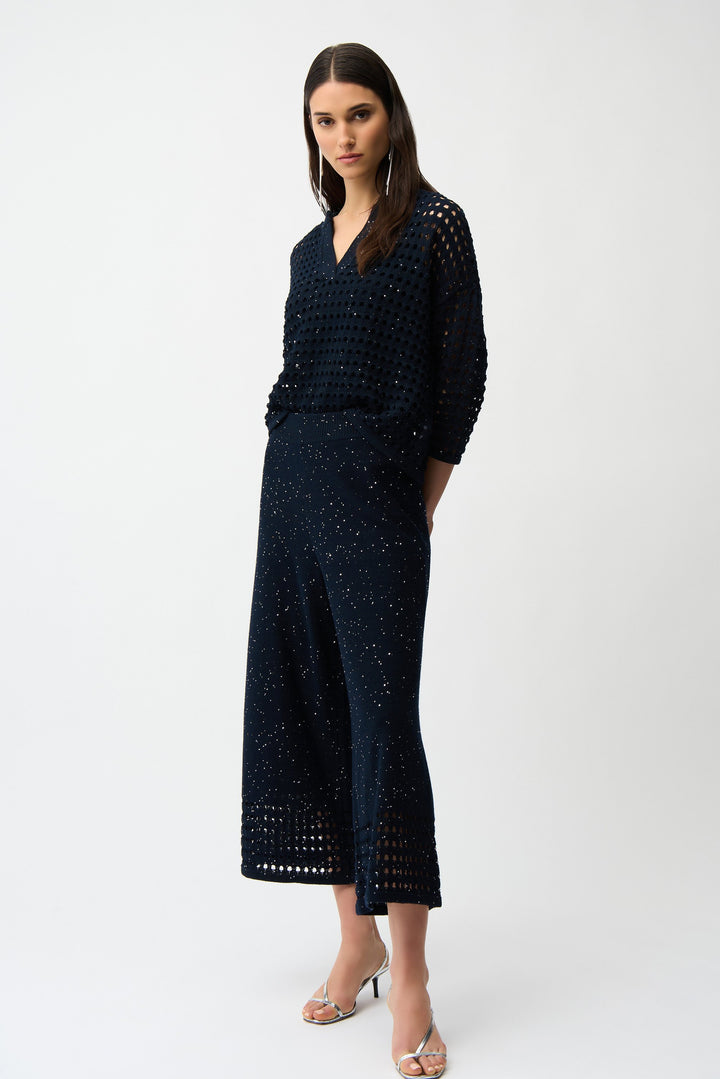 Cotton Blend Open Stitch Boxy Sweater in Navy