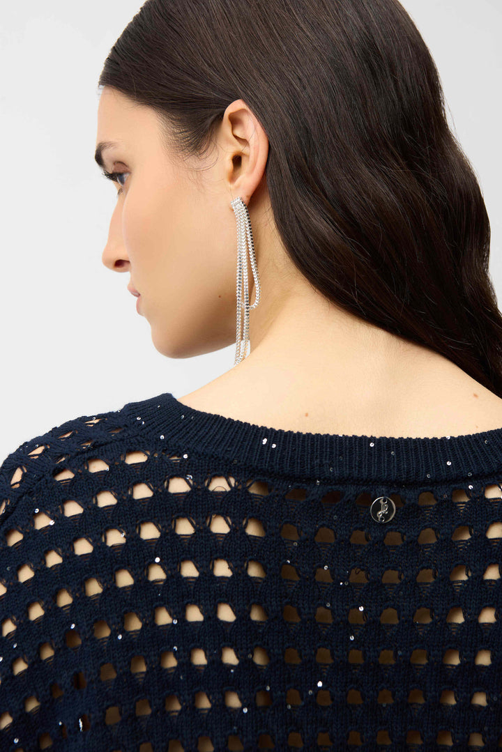 Cotton Blend Open Stitch Boxy Sweater in Navy